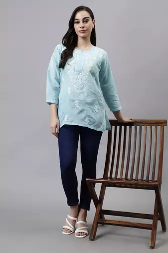 hand embroidered blue cotton lucknowi chikankari top