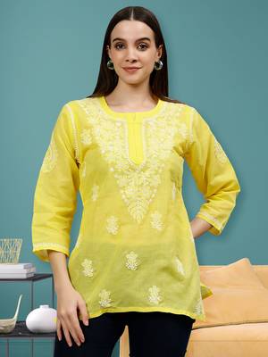 hand embroidered yellow cotton lucknowi chikankari top 1