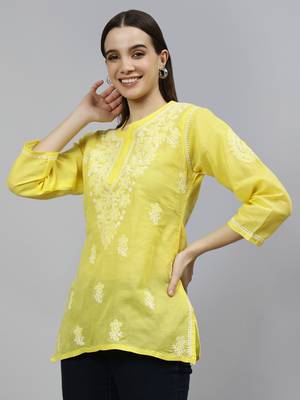 hand embroidered yellow cotton lucknowi chikankari top 2
