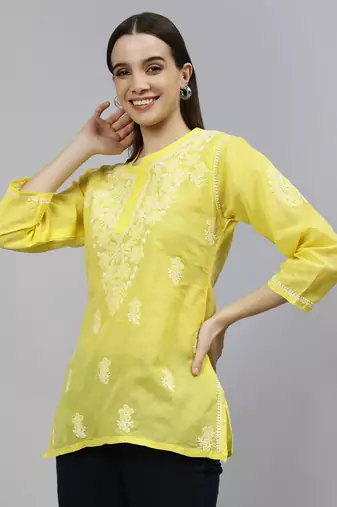 hand embroidered yellow cotton lucknowi chikankari top