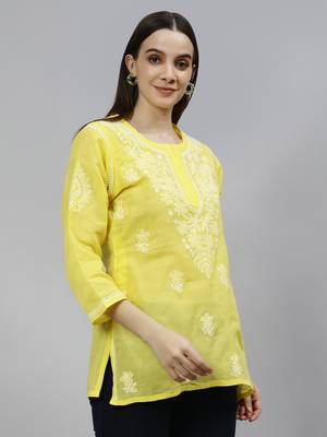 hand embroidered yellow cotton lucknowi chikankari top 3