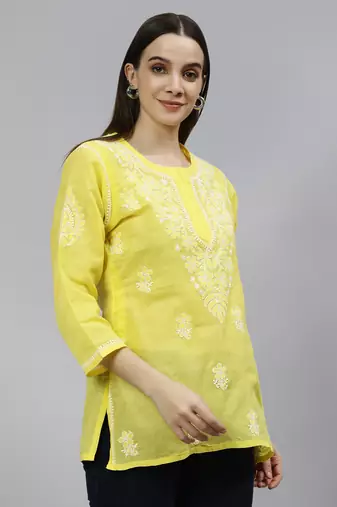 hand embroidered yellow cotton lucknowi chikankari top