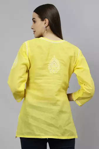 hand embroidered yellow cotton lucknowi chikankari top