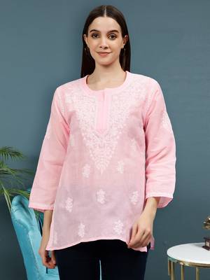 hand embroidered pink cotton lucknowi chikankari top 1