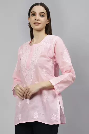 hand embroidered pink cotton lucknowi chikankari top