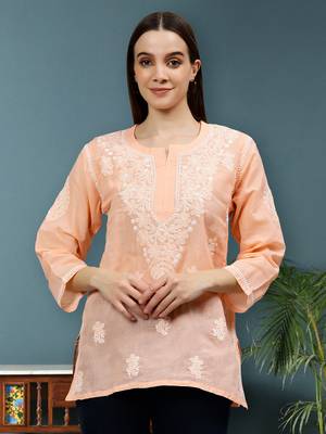 hand embroidered apricot peach cotton lucknowi chikankari top 1
