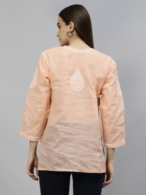 hand embroidered apricot peach cotton lucknowi chikankari top 2
