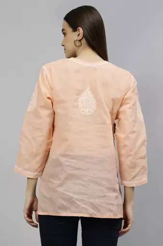 hand embroidered apricot peach cotton lucknowi chikankari top