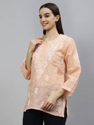 hand embroidered apricot peach cotton lucknowi chikankari top 3