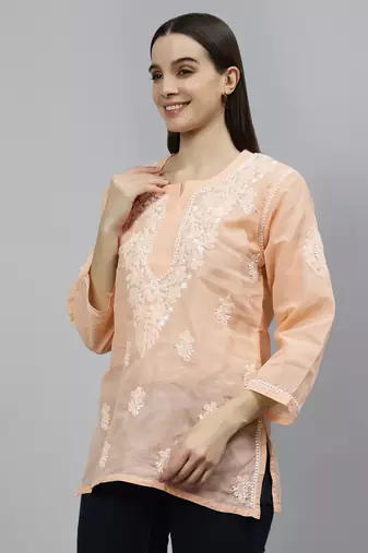 hand embroidered apricot peach cotton lucknowi chikankari top