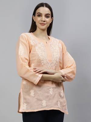 hand embroidered apricot peach cotton lucknowi chikankari top 4