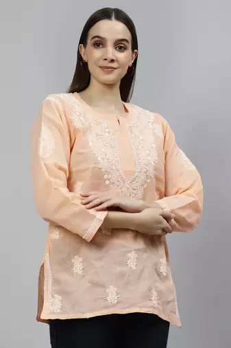 hand embroidered apricot peach cotton lucknowi chikankari top