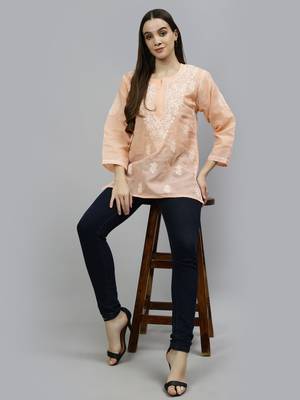 hand embroidered apricot peach cotton lucknowi chikankari top 5