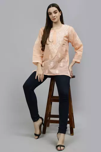 hand embroidered apricot peach cotton lucknowi chikankari top