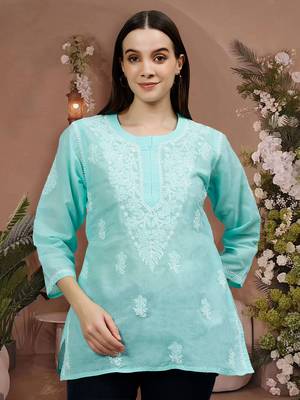 hand embroidered sea green cotton lucknowi chikankari top 1