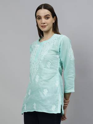 hand embroidered sea green cotton lucknowi chikankari top 2