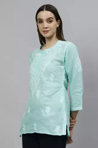 hand embroidered sea green cotton lucknowi chikankari top