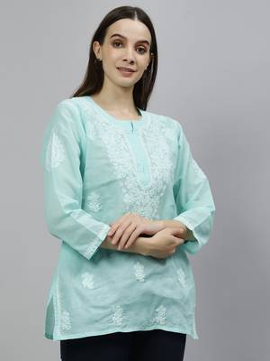 hand embroidered sea green cotton lucknowi chikankari top 3