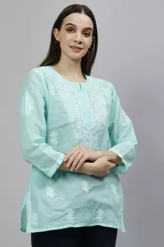 hand embroidered sea green cotton lucknowi chikankari top