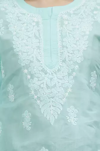 hand embroidered sea green cotton lucknowi chikankari top