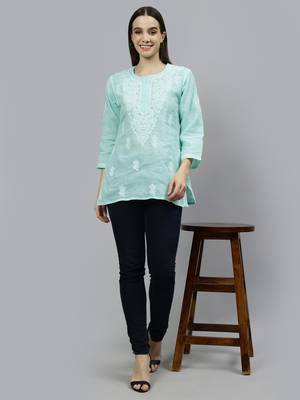 hand embroidered sea green cotton lucknowi chikankari top 5