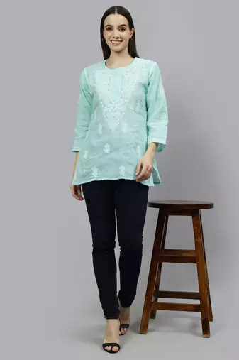 hand embroidered sea green cotton lucknowi chikankari top