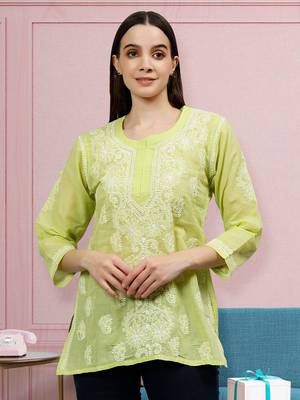 hand embroidered green cotton lucknowi chikankari top 1