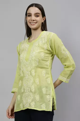 hand embroidered green cotton lucknowi chikankari top