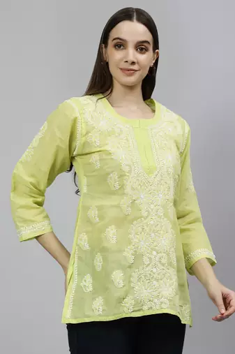 hand embroidered green cotton lucknowi chikankari top