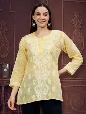 hand embroidered beige cotton lucknowi chikankari top 1