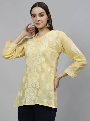 hand embroidered beige cotton lucknowi chikankari top 3