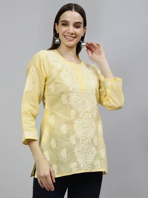 hand embroidered beige cotton lucknowi chikankari top 5