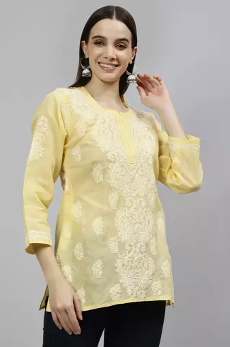 hand embroidered beige cotton lucknowi chikankari top