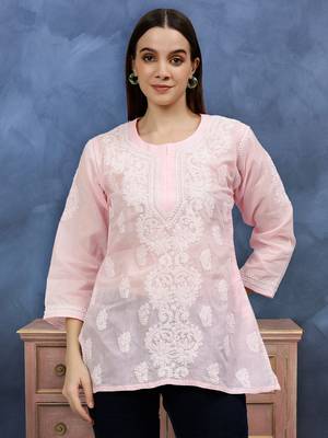 hand embroidered pink cotton lucknowi chikankari top 1