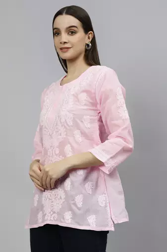 hand embroidered pink cotton lucknowi chikankari top