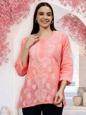 hand embroidered peach cotton lucknowi chikankari top 1