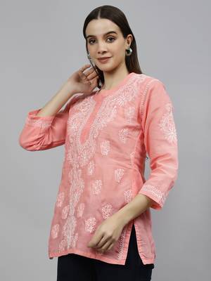 hand embroidered peach cotton lucknowi chikankari top 2