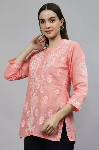 hand embroidered peach cotton lucknowi chikankari top