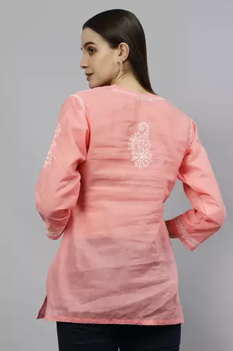hand embroidered peach cotton lucknowi chikankari top