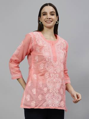 hand embroidered peach cotton lucknowi chikankari top 4