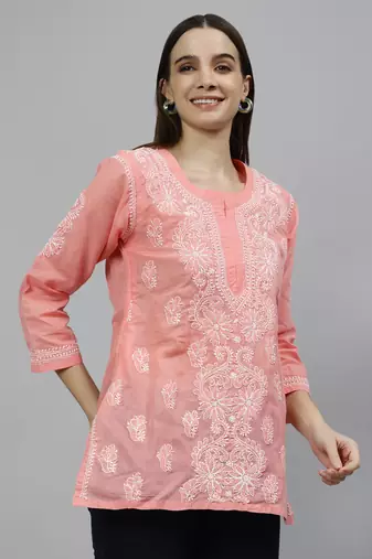 hand embroidered peach cotton lucknowi chikankari top