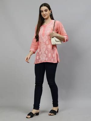 hand embroidered peach cotton lucknowi chikankari top 5
