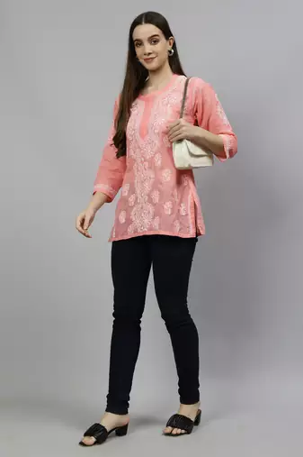 hand embroidered peach cotton lucknowi chikankari top