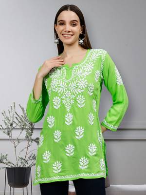 hand embroidered parrot green modal lucknowi chikankari top 1