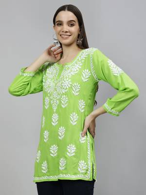 hand embroidered parrot green modal lucknowi chikankari top 2
