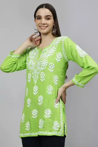 hand embroidered parrot green modal lucknowi chikankari top