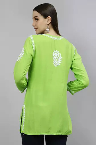 hand embroidered parrot green modal lucknowi chikankari top