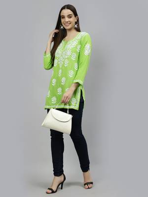 hand embroidered parrot green modal lucknowi chikankari top 5