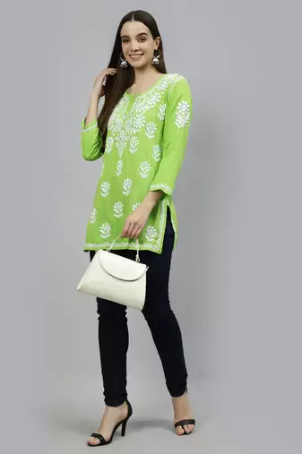 hand embroidered parrot green modal lucknowi chikankari top