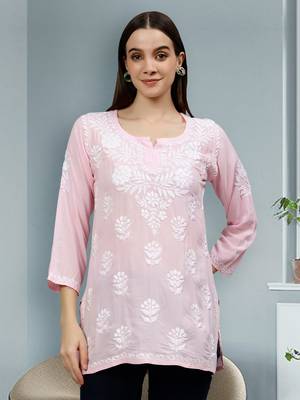 hand embroidered pink modal lucknowi chikankari top 1